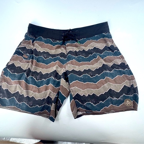Hippie Tree Black and Brown Board Shorts with Wavy Stripes - Picture 1 of 9